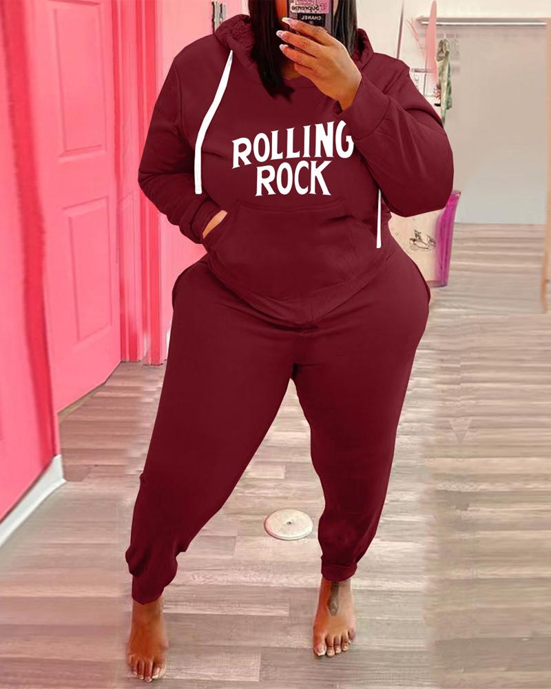 

Plus Size Letter Print Long Sleeve Hoodie & Pants Set, Red