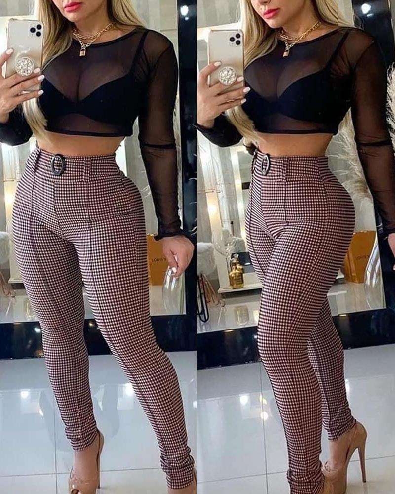 

Plaid High Waist Skinny Pants, Wine red