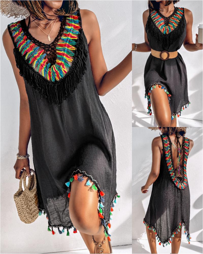 

Colorblock Knit V-Neck Sleeveless Cover Ups Casual Backless Lace-up Tassel Hem Midi Dress, Black