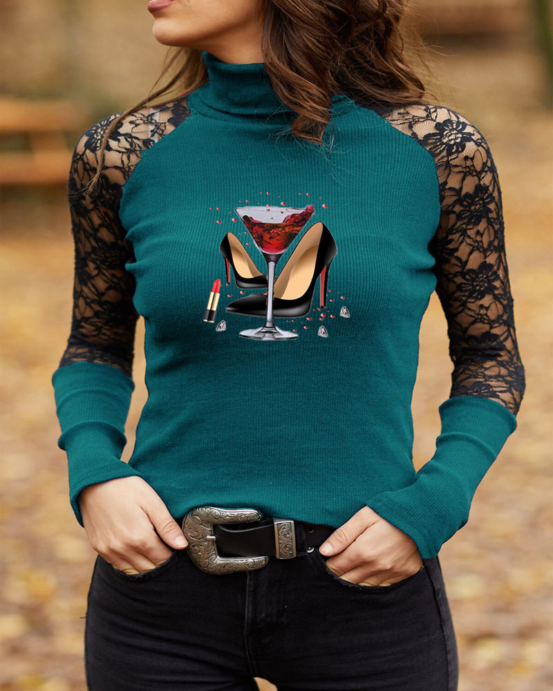 

Graphic Print Contrast Lace Long Sleeve Ribbed Top, Green