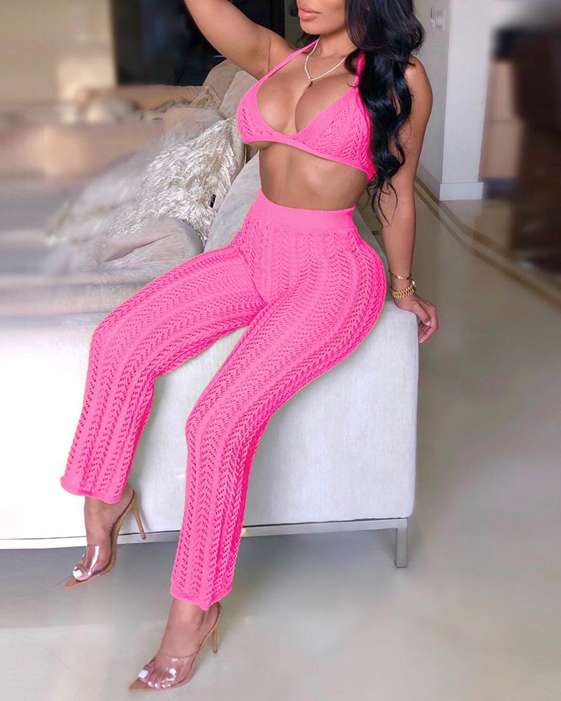 

Knit Halter Hollow Out Crop Top & Pants Set, Pink