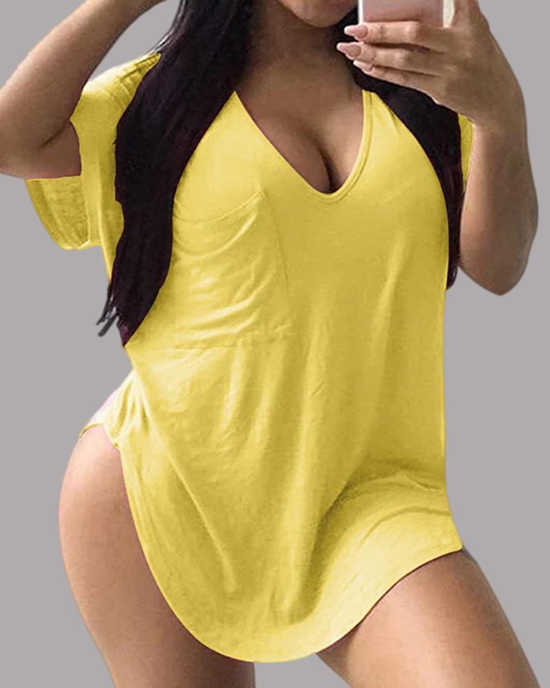 

V Neck Short Sleeve Casual T-shirt, Yellow