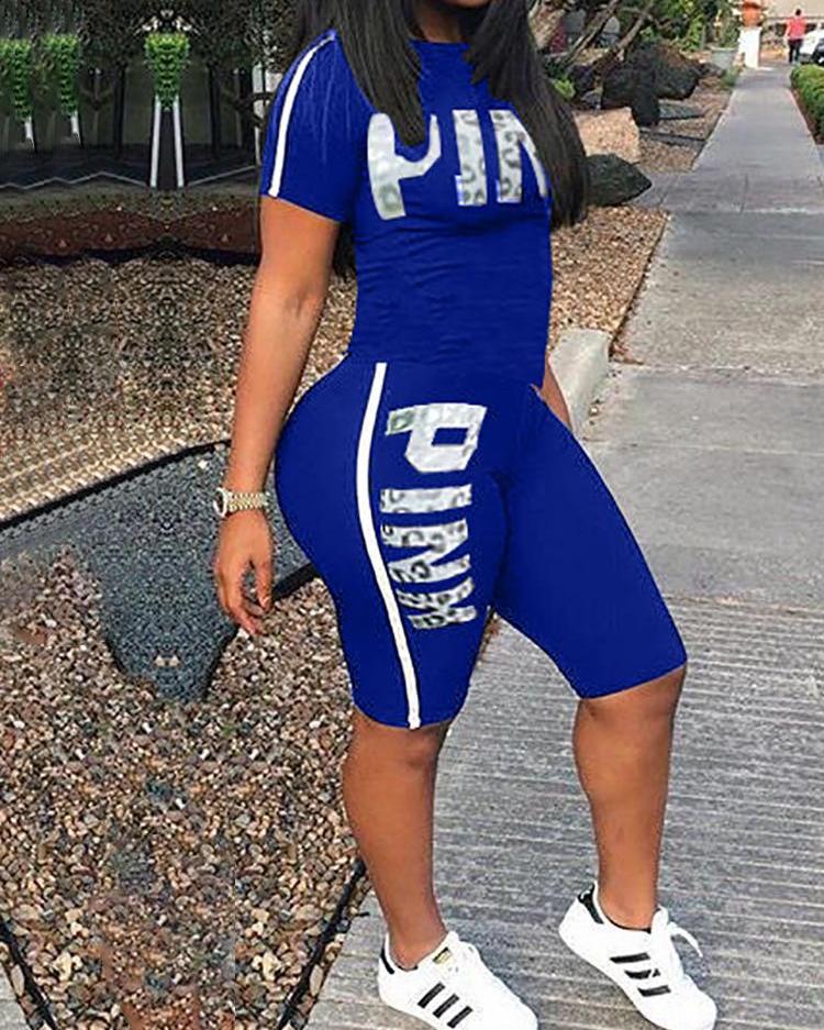 

Letter Print Striped Tape Side Tracksuit, Blue