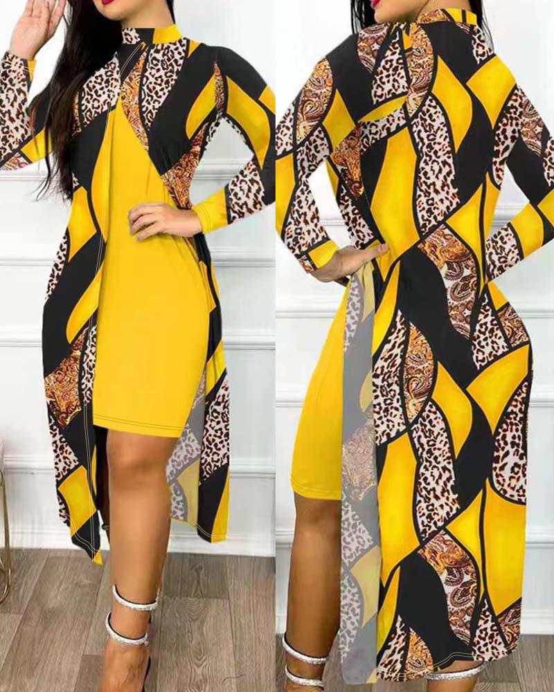 

Baroque Leopard Print Patchwork Slit Casual Dress, Yellow