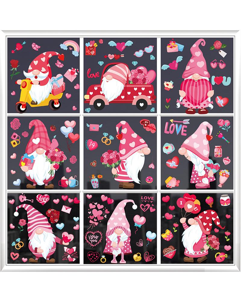 

9pcs Valentine's Day Gnomes Heart Glass Window Stickers Set, Style1