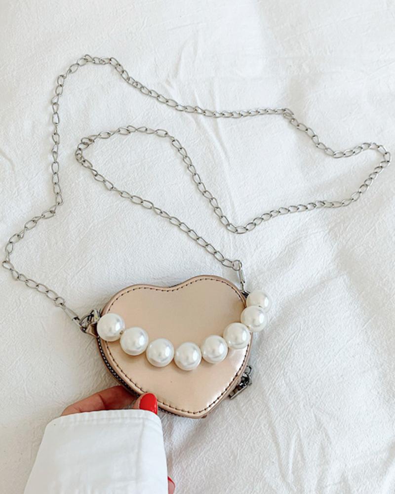 

Pearls Beaded Heart-shaped Chain Strap Crossbody Bag, Champagne