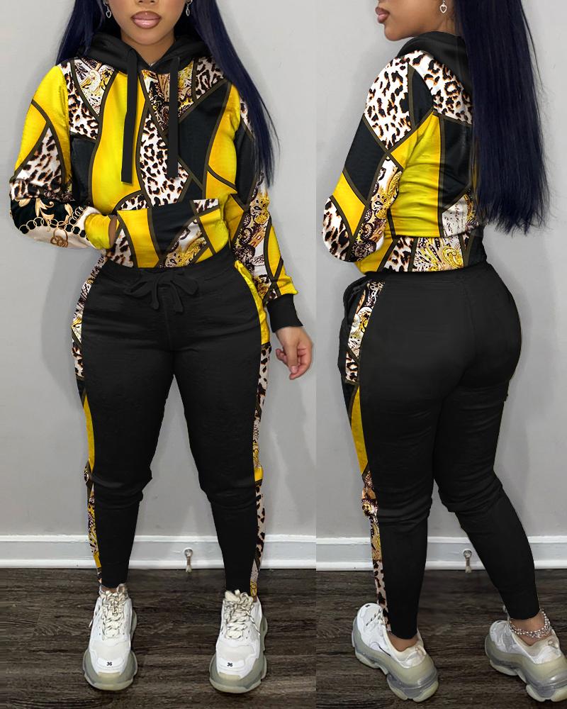 

Leopard Print Long Sleeve Hoodie & Pants Set, Yellow