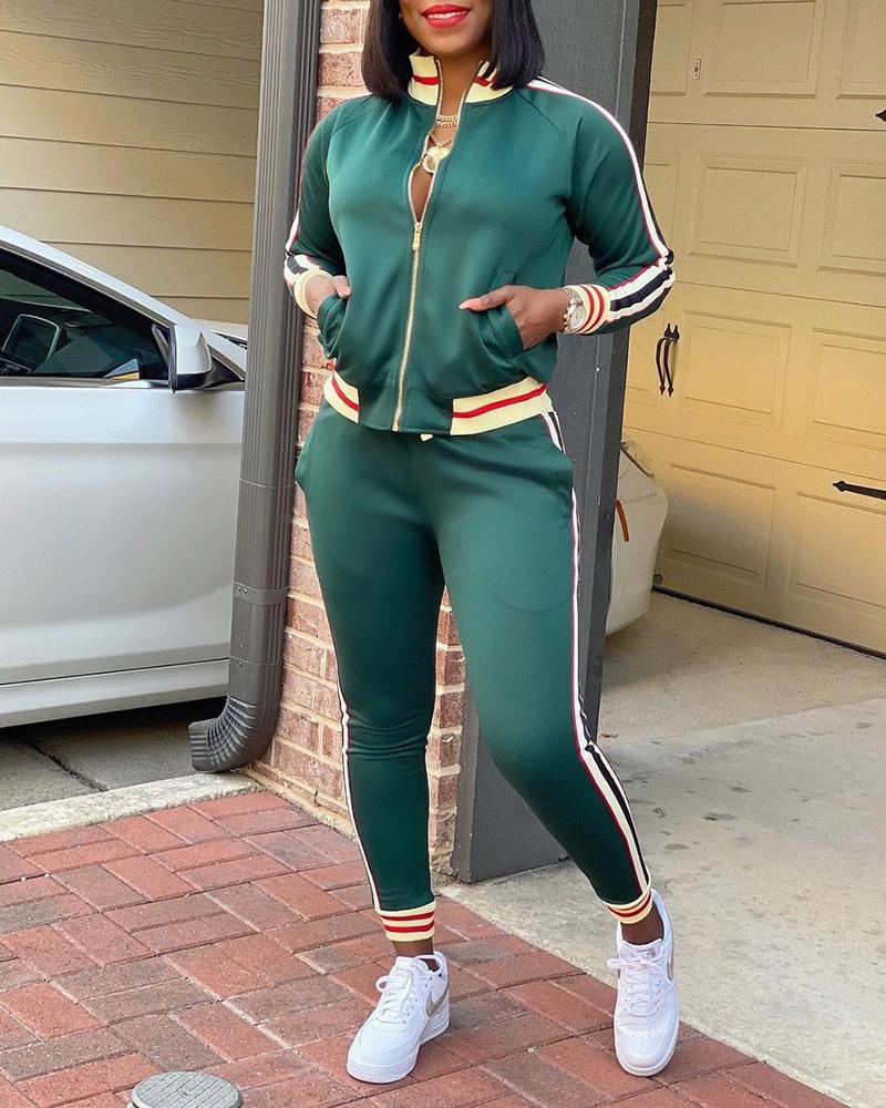 

Striped Tape Zipper Pocket Design Top & Pants Set, Green