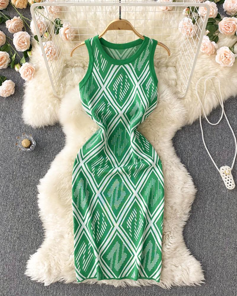 

Letter Plaid Pattern Tight Waist Knit Bodycon Dress, Green