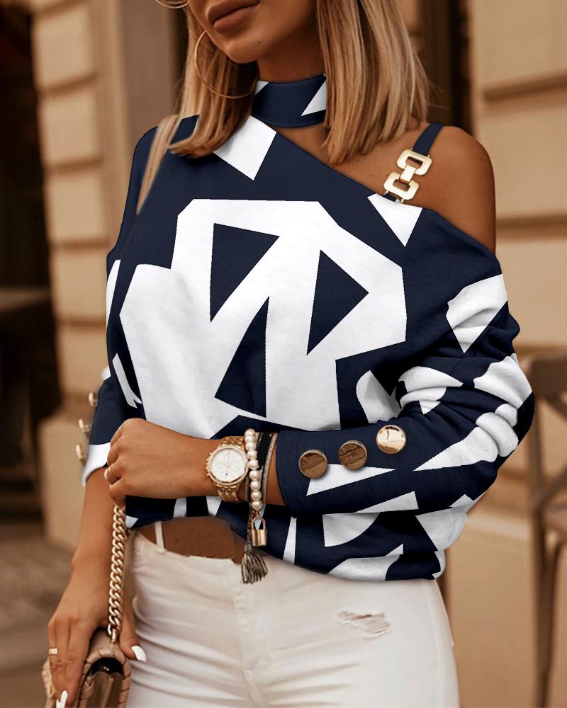 

Geometric Print Cold Shoulder Top, Blue