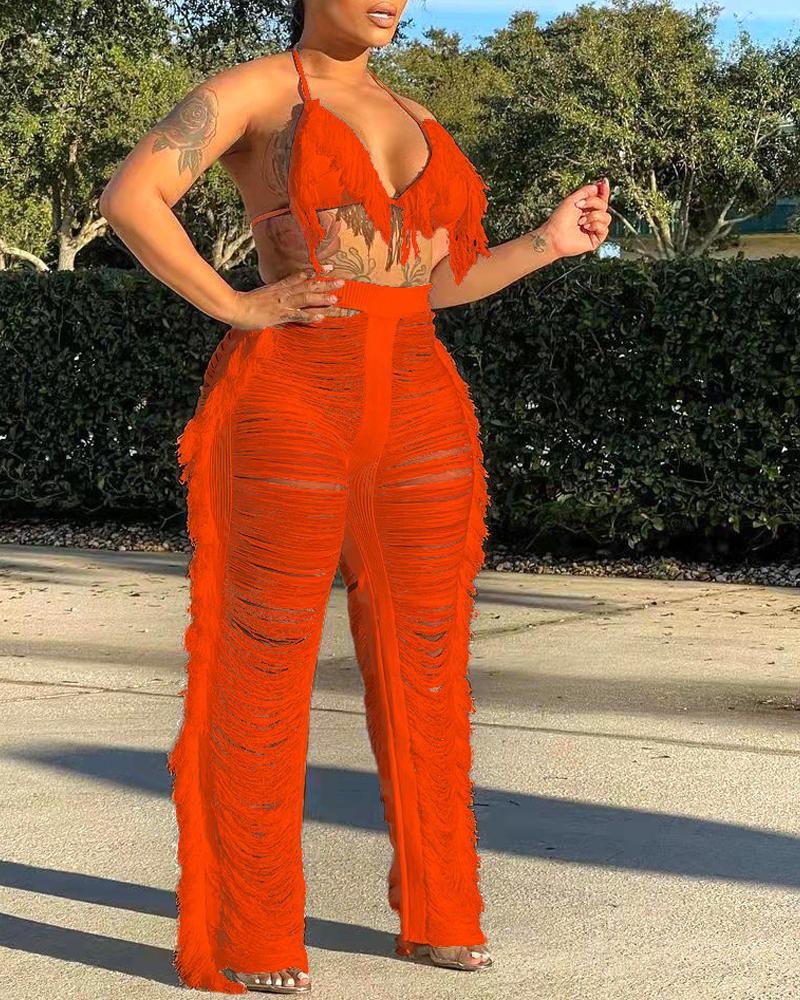 

Fringe Trim Halter Crop Top & Cover Up Pants Set, Orange