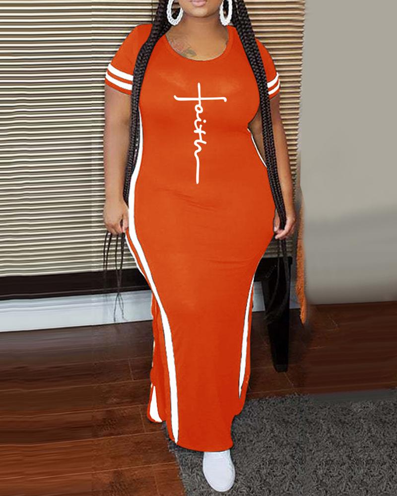 

Plus Size Striped Letter Print Slit Casual Dress, Orange