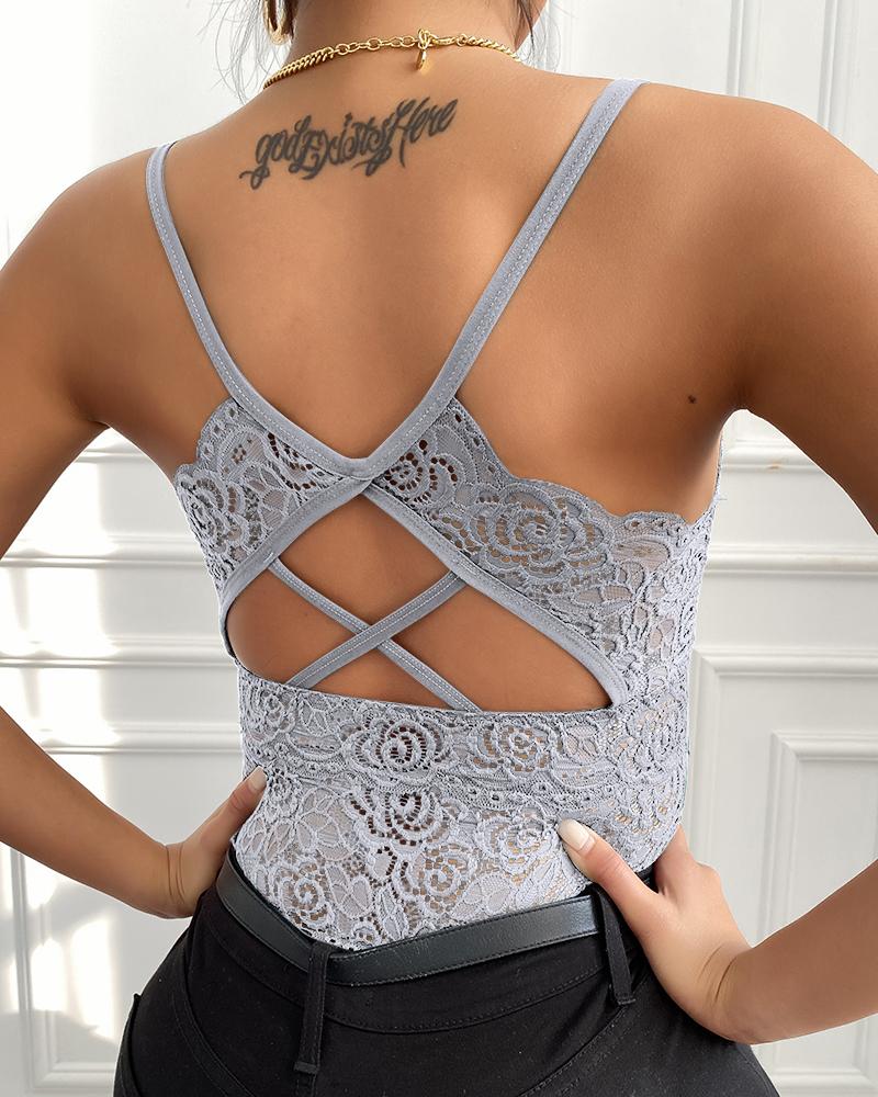 

Plunge Backless Lace Cami Tank Top, Gray