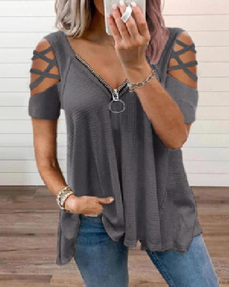 

Solid Short Sleeve Zip-up Blouse T-shirts, Gray