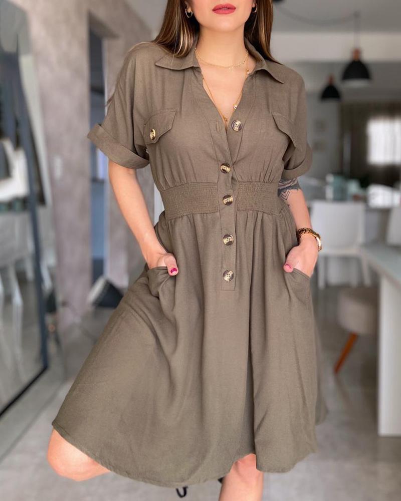 

Pocket Button Design Shirred Shirt Dress, Army green