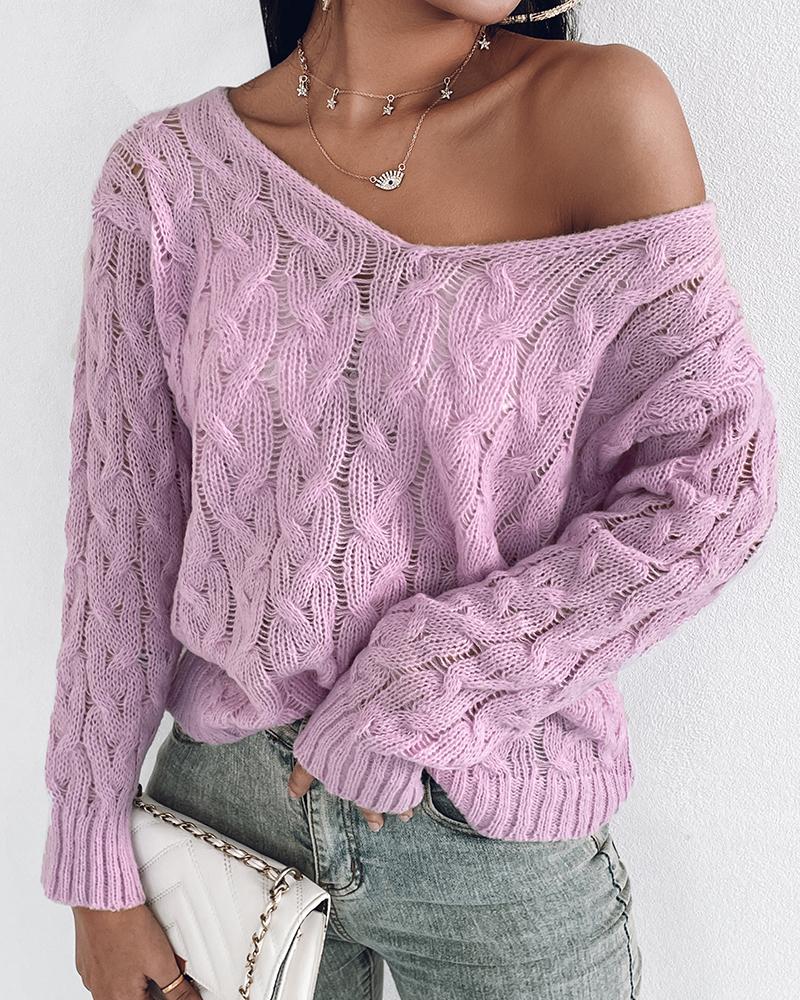 

Skew Neck Long Sleeve Cable Knit Sweater, Purple