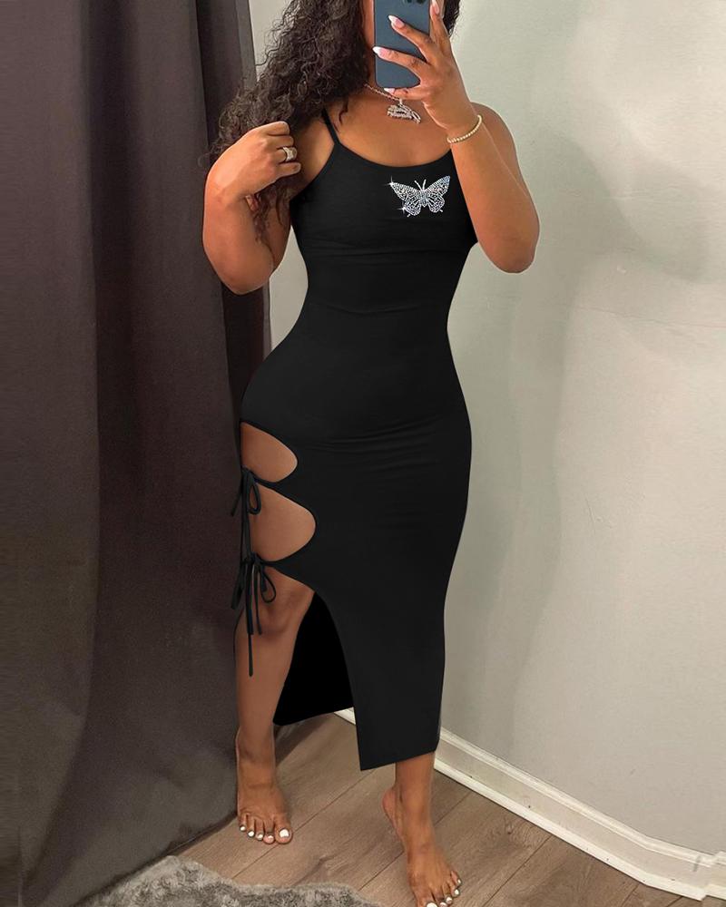 

Rhinestone Butterfly Pattern Cutout Bodycon Dress, Black