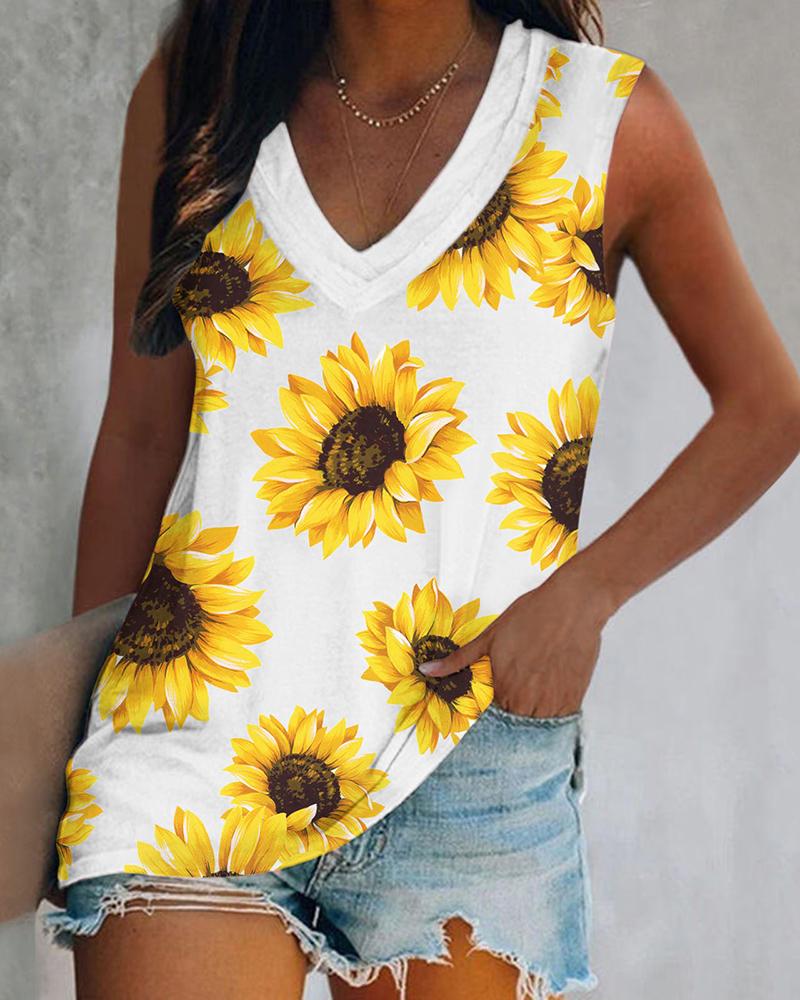 

Sunflower Print V-neck Tank Top, White