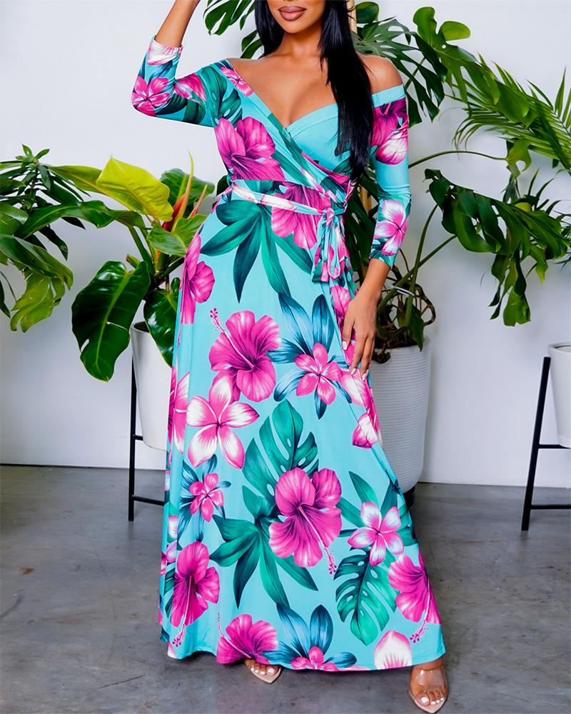 

Floral Print Long Sleeve Maxi Dress With Belt, Lighted blue