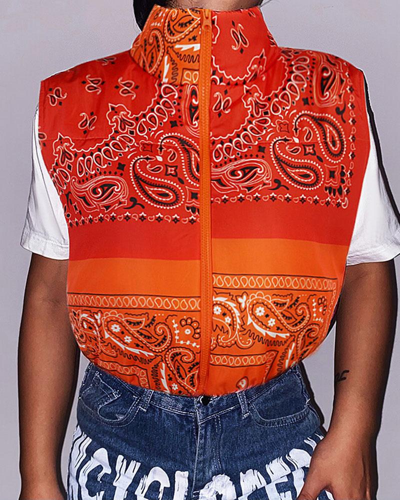 

Paisley Print Zipper Front Gilet Puffer Jacket, Orange