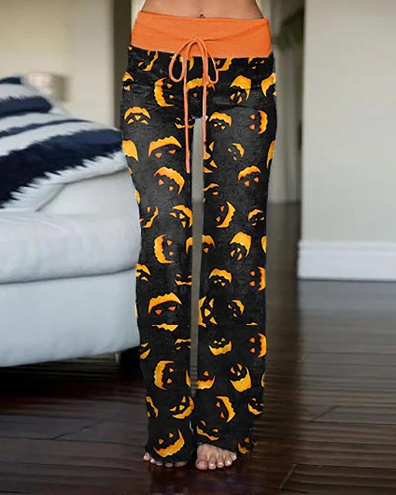 

Halloween Pumpkin Animal Print Drawstring Pants, Black