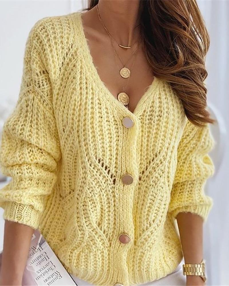 

Knit Hollow Out Long Sleeve Button Design Cardigan, Yellow