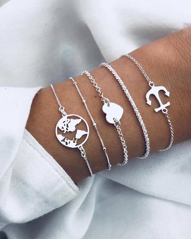 

Heart & Boat Anchor Pattern Layered Bracelets, Silver