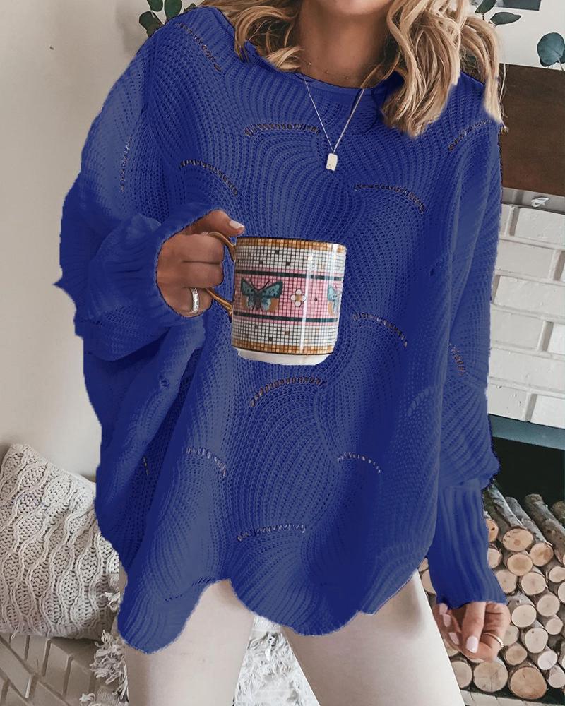

Hollow Out Long Sleeve Plain Sweater, Dark blue