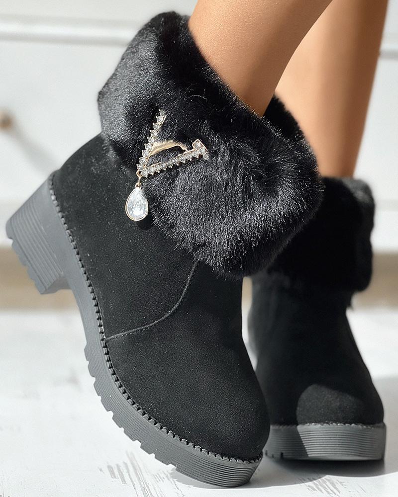 

Fuzzy Trim Lined Snow Boots, Black