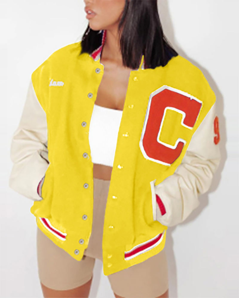 

Letter Print Colorblock Buttoned Baseball Jacket, Yellow