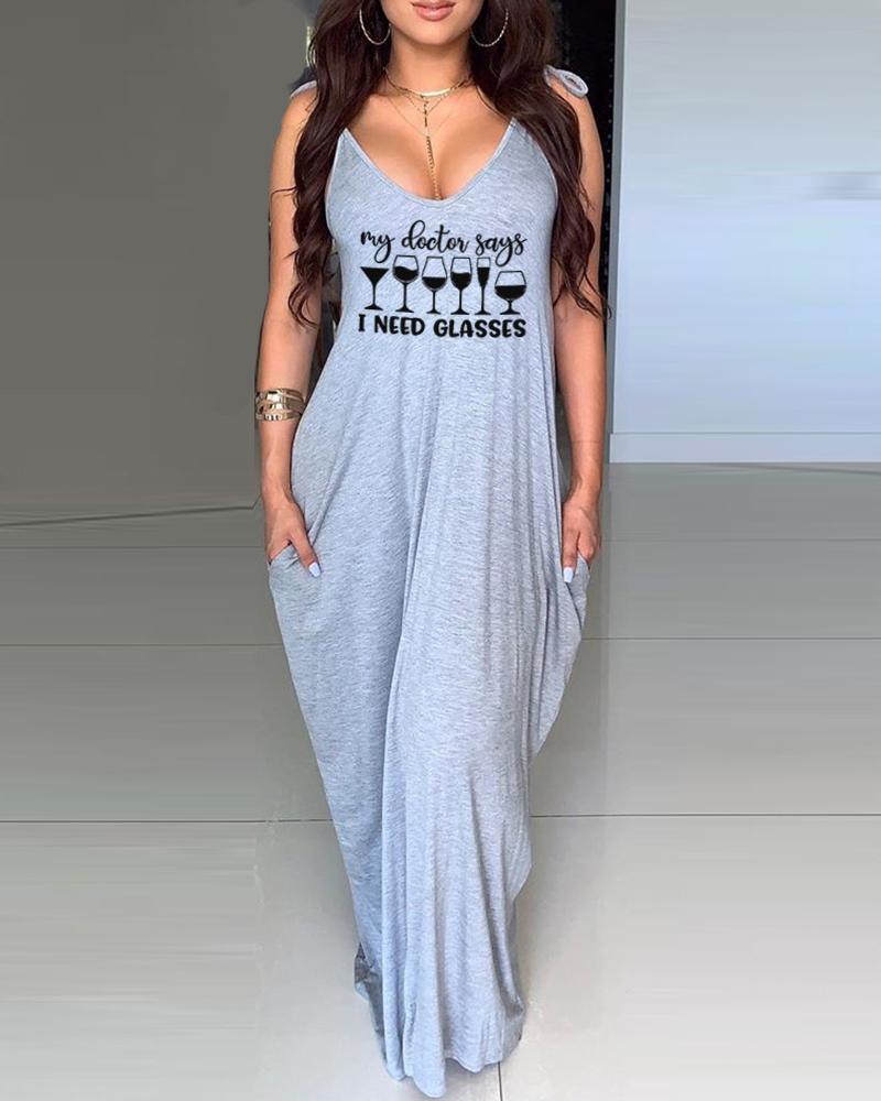 

Wine Glass Letter Print Tied Detail Casual Dress, Gray