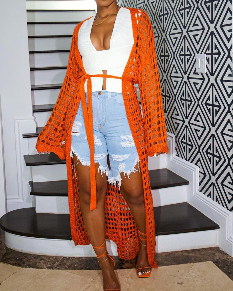 

Hollow Out Open Front Longline Coat, Orange