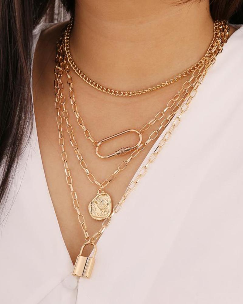 

Vintage Boho Coin Lock Multilayer Necklace, Gold