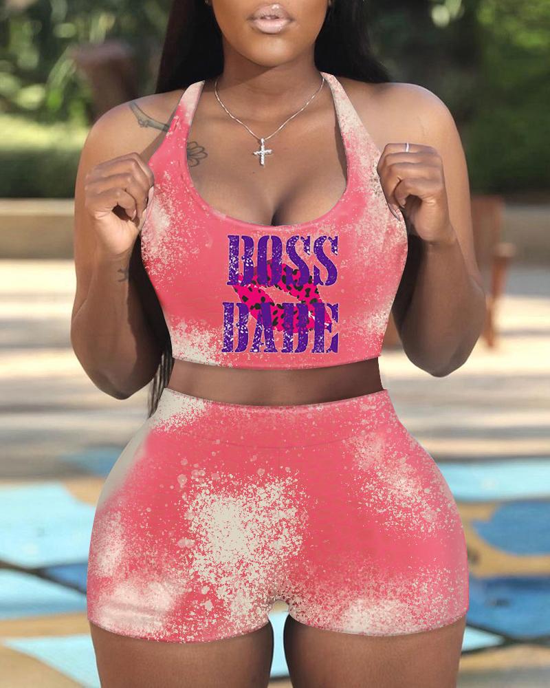 

Letter Tie Dye Print Halter Crop Top & Shorts Set, Pink
