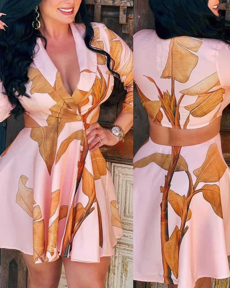 

Plants Print Long Sleeve Slim Waist Work Dress, Light pink
