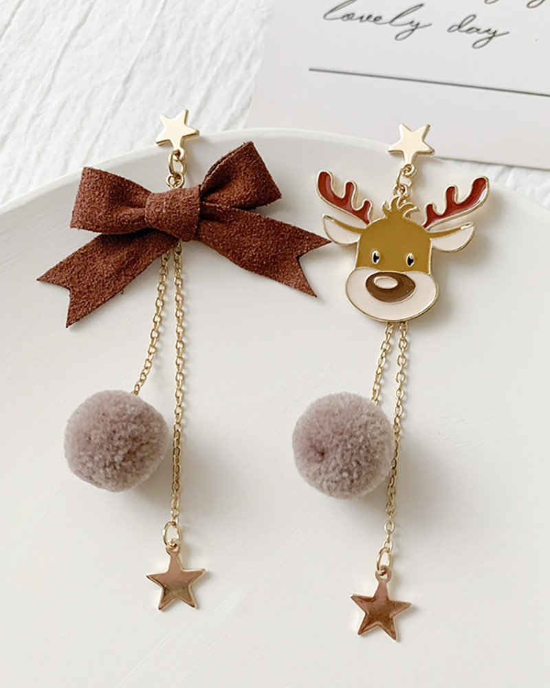 

Christmas Elk Bowknot Star Pattern Pom Pom Drop Earrings, Style2