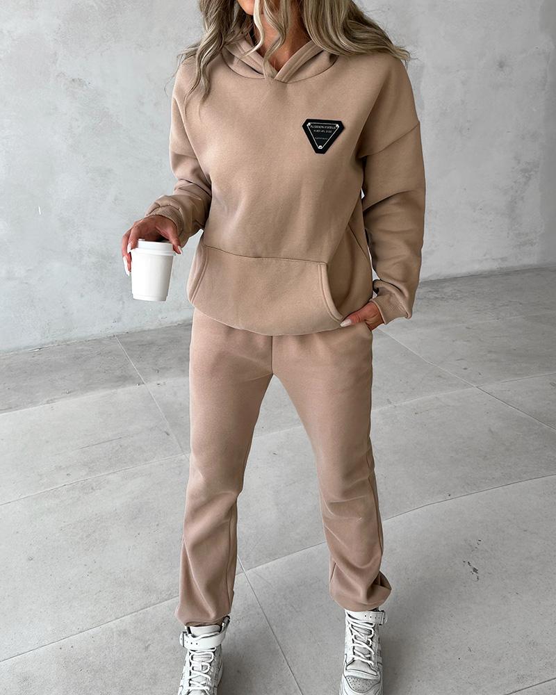 

Diamond Pattern Hooded Top & Pocket Design Pants Set, Khaki