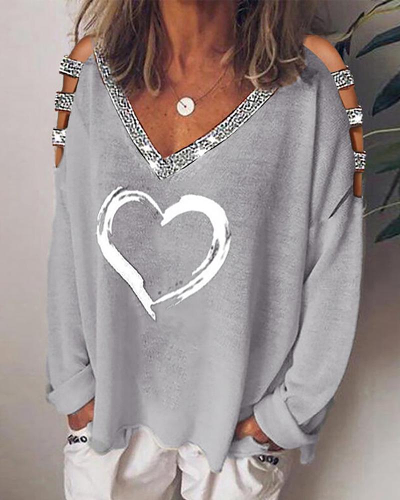 

Heart Print Studded Long Sleeve Top, Gray