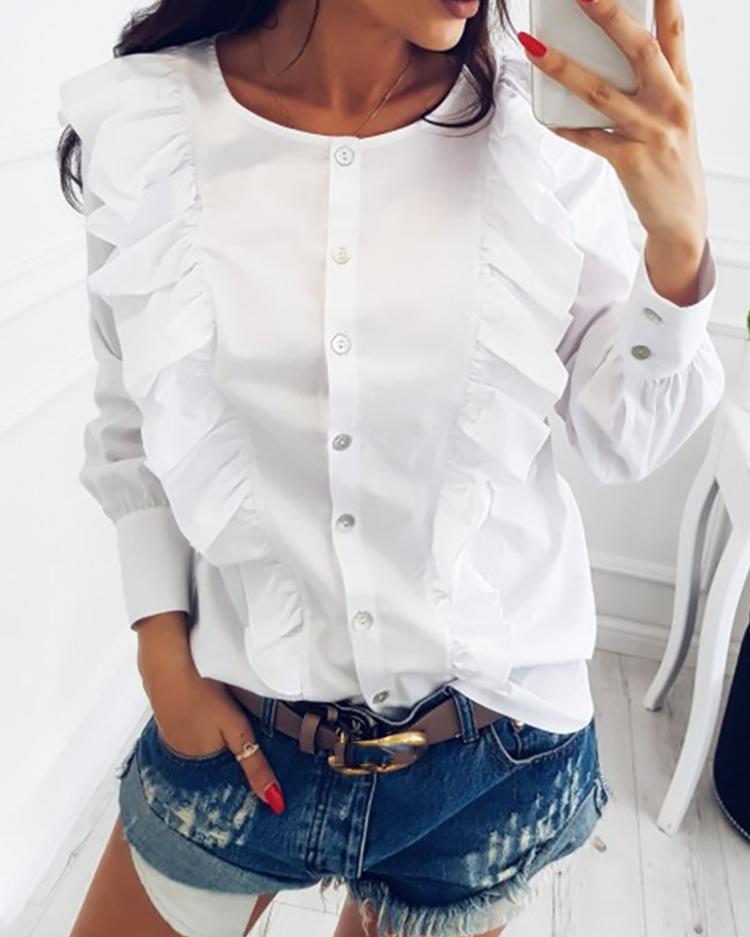

Stylish Ruffled Button Patchwork Blouse, White