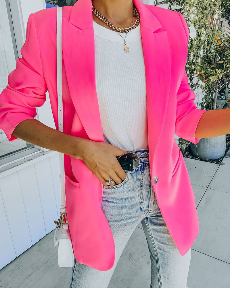 

Long Sleeve Lapel Collar Blazer, Hot pink