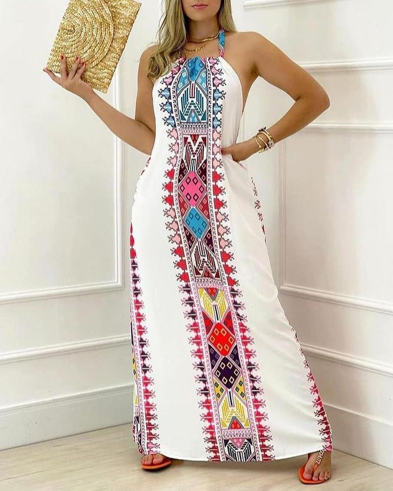 

Tribal Print Halter Sleeveless Maxi Dress, Multicolor