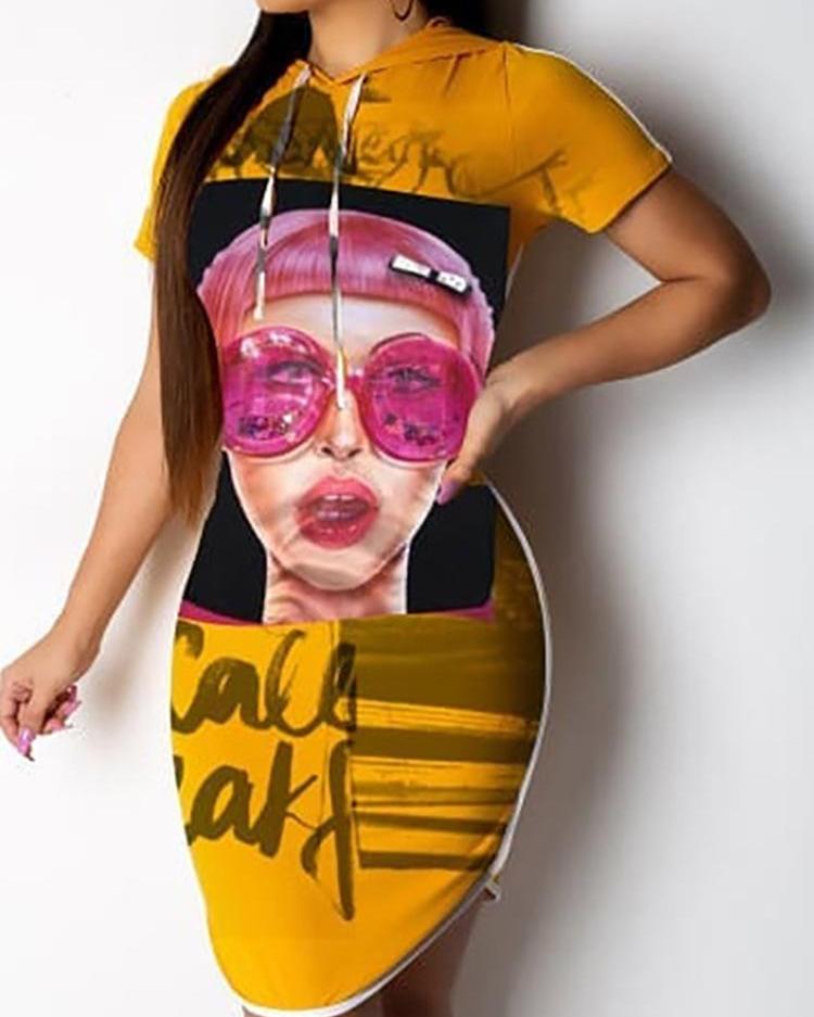 

Casual Portrait Printed Short Sleeve Hooded Dress, Gold