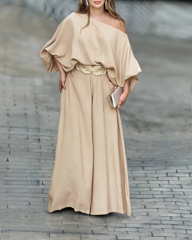 

Skew Neck Lantern Sleeve Top & Wide Leg Pants Set, Apricot