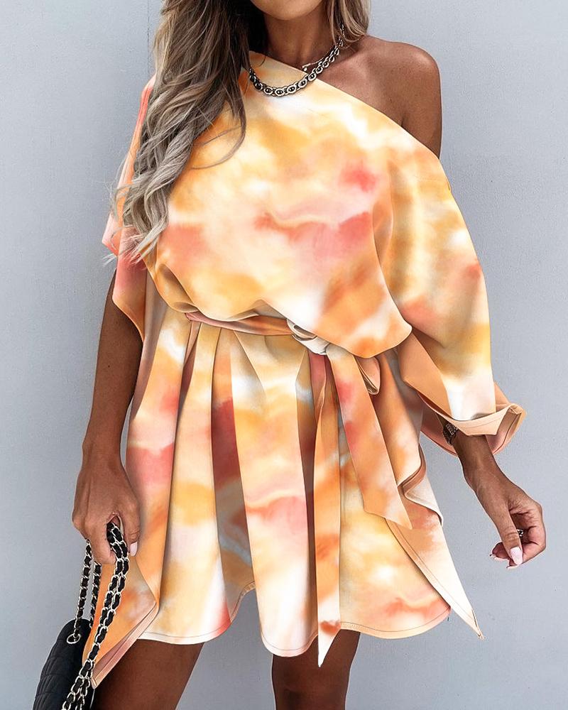 

Tie Dye Print Cloak Sleeve Belted Casual Dress, Multicolor