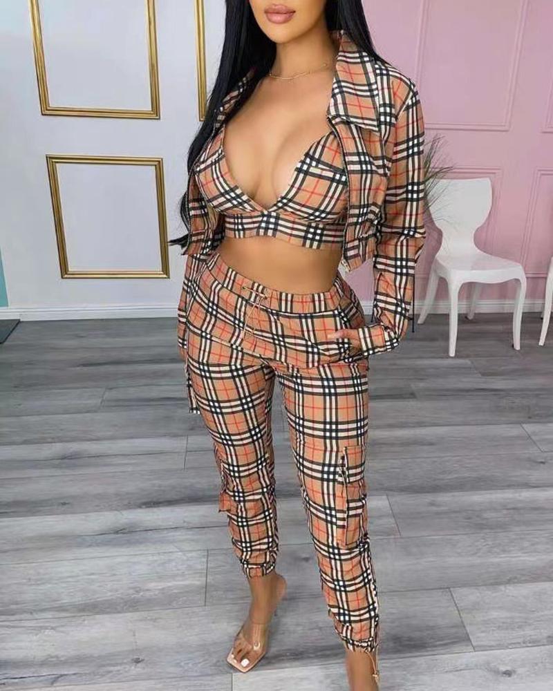 

Plaid Print Crop Top & High Waist Pants Set With Coat, Red