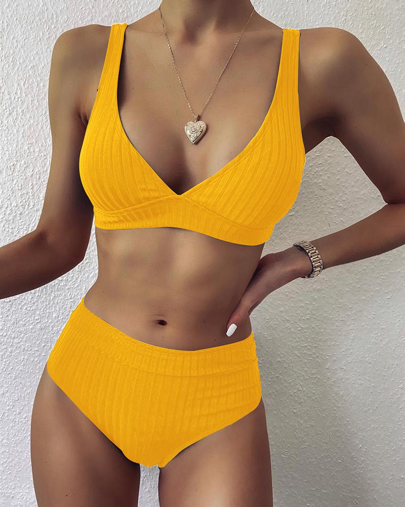 

Solid Sleeveless Bra With High Waist Panties Bikini Sets, Yellow