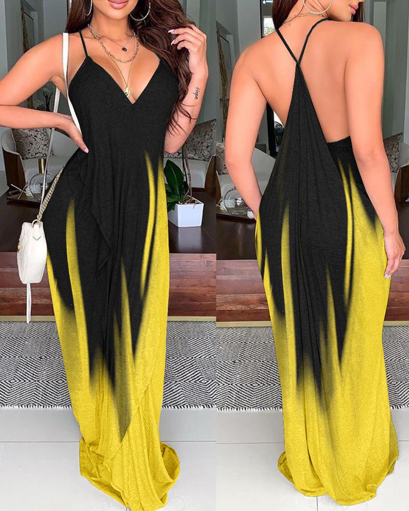 Ombre Backless V-Neck Maxi Dress