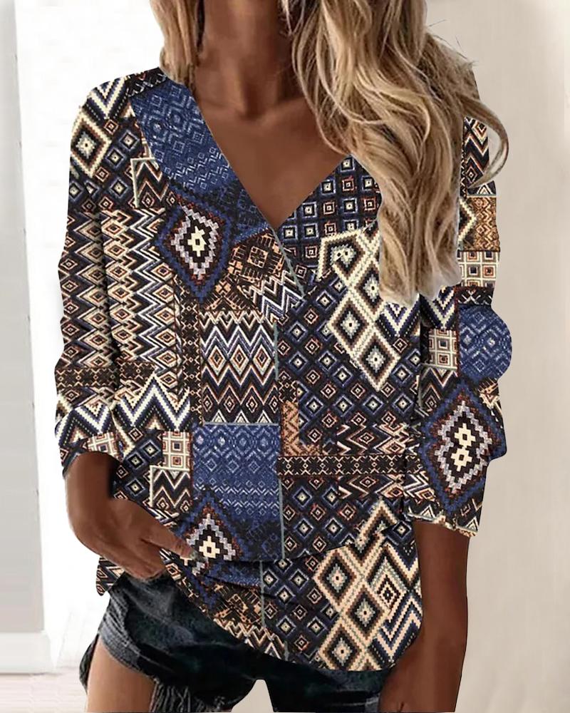 

Retro Tribal Print Long Sleeve Top, Multicolor