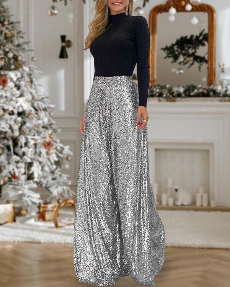 

High Waist Sequin Wide Leg Flared Pants, Silver