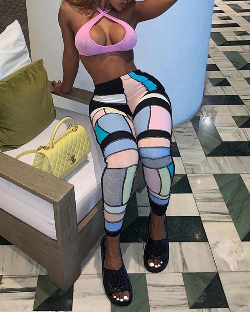 

Halter Skinny Open Front Skinny Top & Color Print Long Pant 2-piece Set, Multicolor